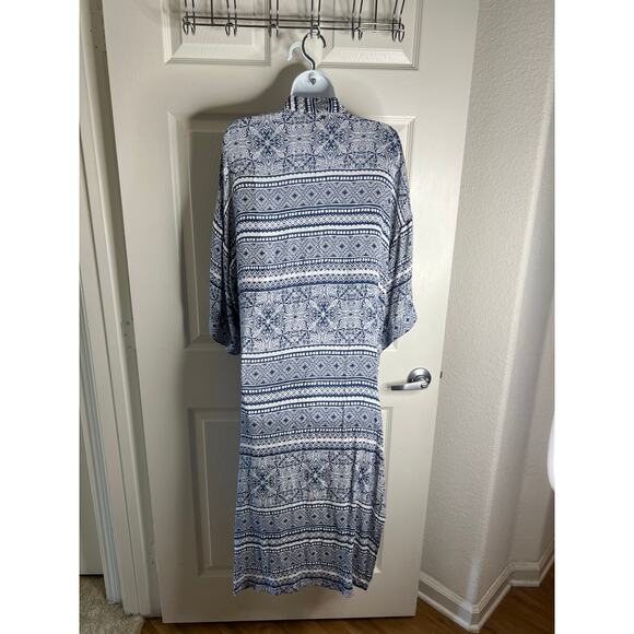 RipCurl Women Short Sleeve Side Slit Duster Cardigan Blue/White Geometric Size M - Picture 4 of 7